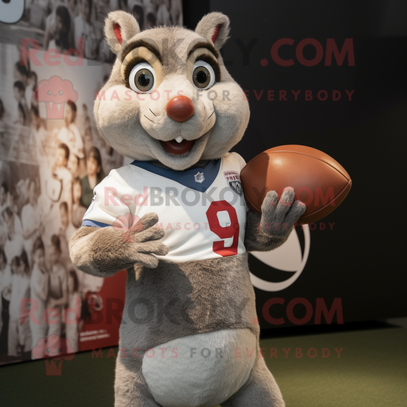 Gray Squirrel mascot costume character dressed with a Rugby Shirt and Beanies