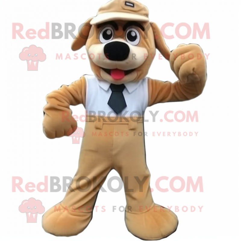 Tan Dog mascot costume character dressed with a Jumpsuit and Scarf clips Tan Dog mascot costume character dressed with a Jumpsuit and Scarf clips