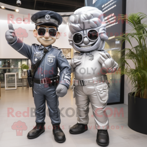 Silver Police Officer mascot costume character dressed with a Leather Jacket and Hairpins