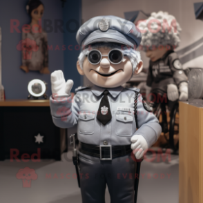 Silver Police Officer mascot costume character dressed with a Leather Jacket and Hairpins