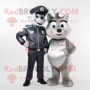 Silver Police Officer mascot costume character dressed with a Leather Jacket and Hairpins