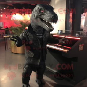 Black Tyrannosaurus mascot costume character dressed with a Jumpsuit and Shawls