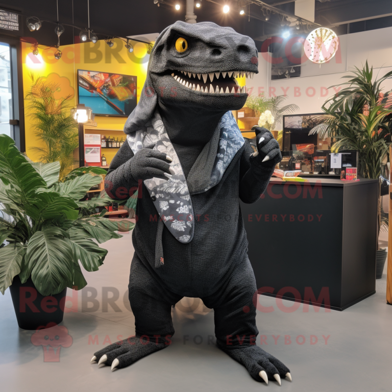 Black Tyrannosaurus mascot costume character dressed with a Jumpsuit and Shawls