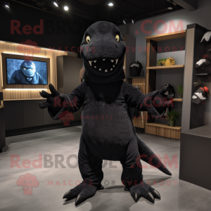 Black Tyrannosaurus mascot costume character dressed with a Jumpsuit and Shawls