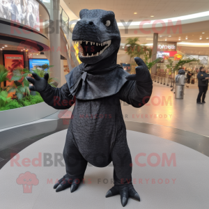 Black Tyrannosaurus mascot costume character dressed with a Jumpsuit and Shawls