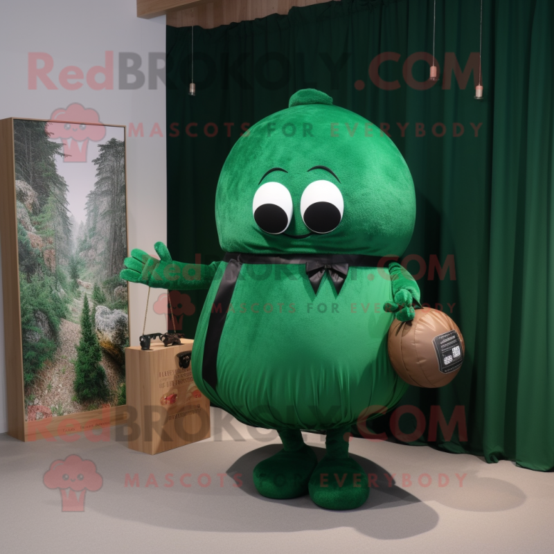 Forest Green Human Cannon Ball mascot costume character dressed with a Skirt and Clutch bags