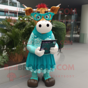 Turquoise Guernsey Cow mascot costume character dressed with a Mini Dress and Reading glasses