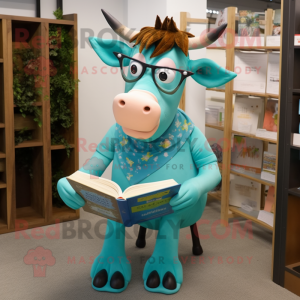 Turquoise Guernsey Cow mascot costume character dressed with a Mini Dress and Reading glasses