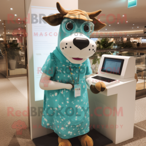 Turquoise Guernsey Cow mascot costume character dressed with a Mini Dress and Reading glasses