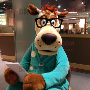 Turquoise Guernsey Cow mascot costume character dressed with a Mini Dress and Reading glasses