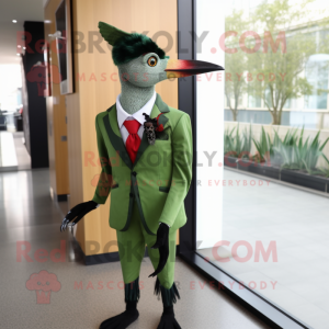 Forest Green Woodpecker mascot costume character dressed with a Suit Jacket and Brooches