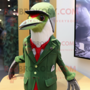 Forest Green Woodpecker mascot costume character dressed with a Suit Jacket and Brooches