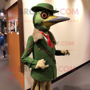 Forest Green Woodpecker mascot costume character dressed with a Suit Jacket and Brooches