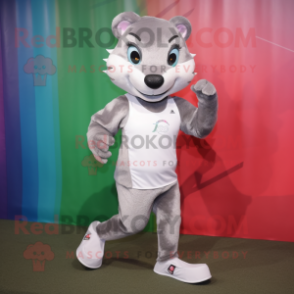 Silver Weasel mascot costume character dressed with a Running Shorts and Headbands