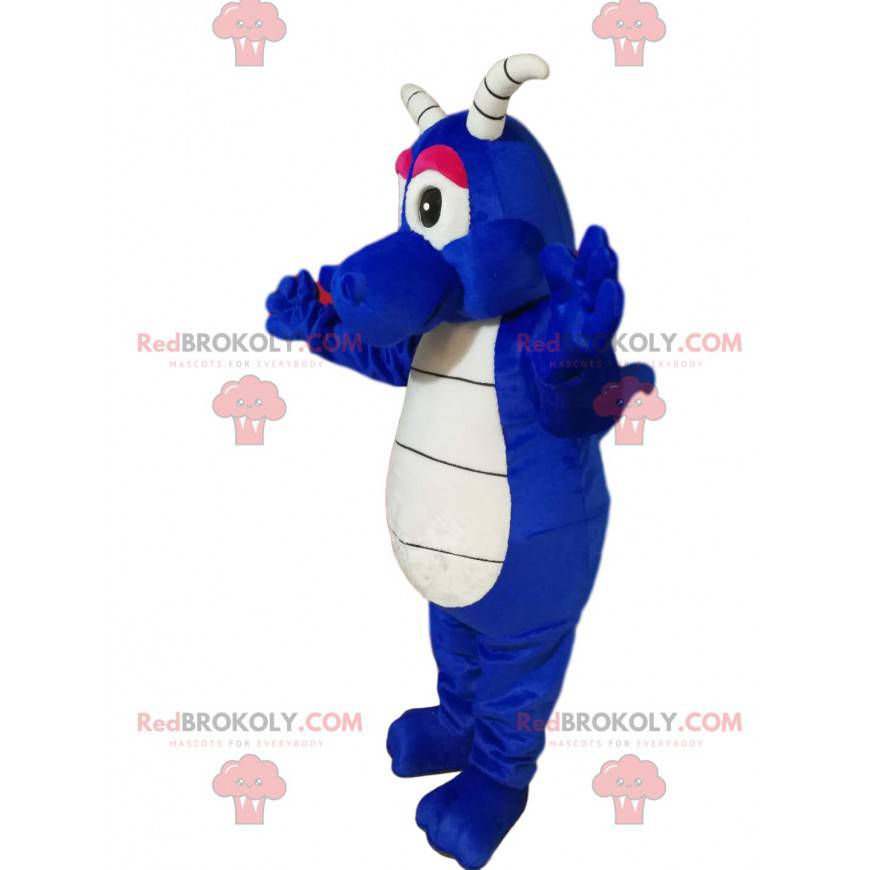 Bela mascote dragão azul com chifres brancos - Redbrokoly.com