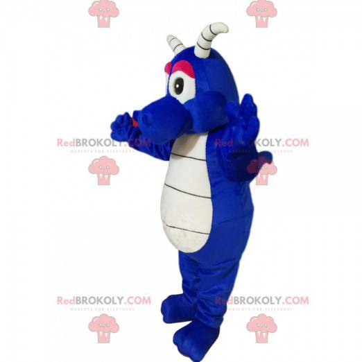 Mascotte de dragon bleu sympa avec des cornes blanches -