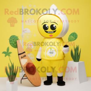 Lemon Yellow Miso Soup mascot costume character dressed with a Swimwear and Mittens