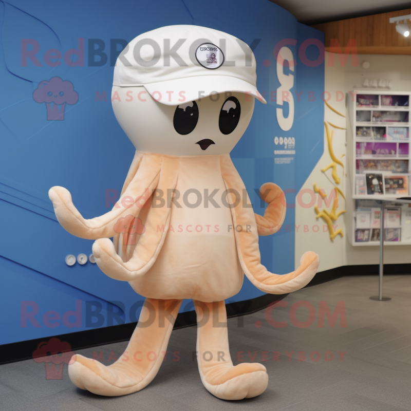 Beige Octopus mascot costume character dressed with a One-Piece Swimsuit and Caps