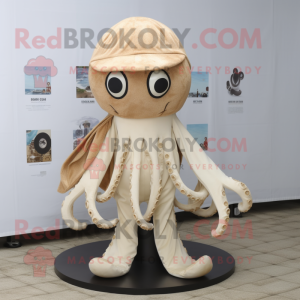 Beige Octopus mascot costume character dressed with a One-Piece Swimsuit and Caps