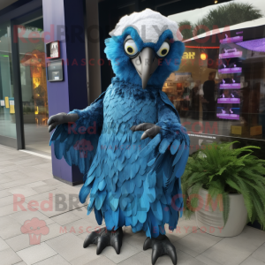 Blue Vulture mascot costume character dressed with a Wrap Dress and Digital watches