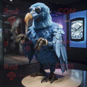 Blue Vulture mascot costume character dressed with a Wrap Dress and Digital watches