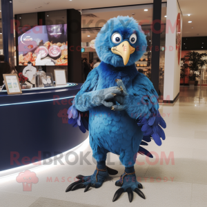 Blue Vulture mascot costume character dressed with a Wrap Dress and Digital watches