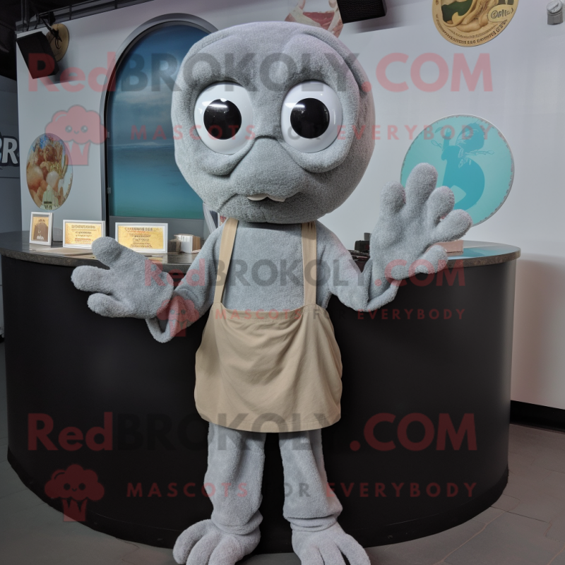 Gray Fried Calamari mascot costume character dressed with a Henley Shirt and Gloves