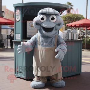 Gray Fried Calamari mascot costume character dressed with a Henley Shirt and Gloves