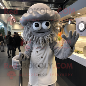 Gray Fried Calamari mascot costume character dressed with a Henley Shirt and Gloves