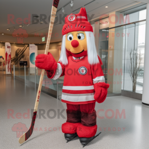 Red Ice Hockey Stick mascot costume character dressed with a Wrap Skirt and Headbands