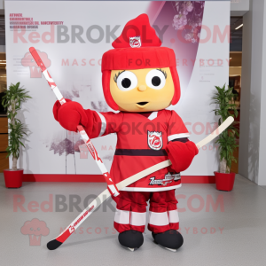 Red Ice Hockey Stick mascot costume character dressed with a Wrap Skirt and Headbands