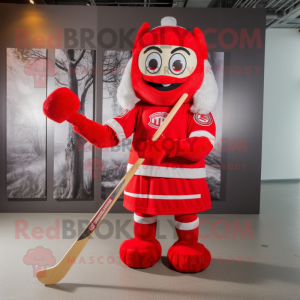 Red Ice Hockey Stick mascot costume character dressed with a Wrap Skirt and Headbands