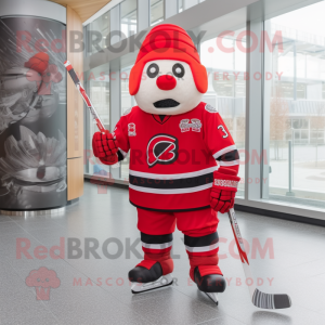 Red Ice Hockey Stick mascot costume character dressed with a Wrap Skirt and Headbands