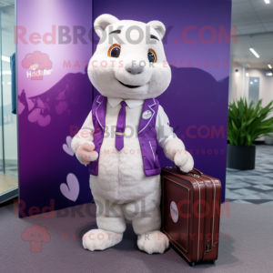 Purple Ermine mascot costume character dressed with a Playsuit and Briefcases