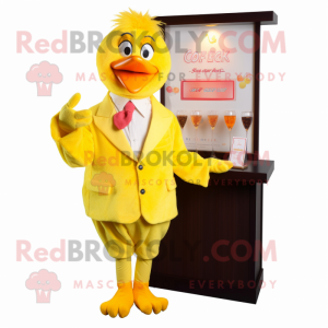Yellow Chicken mascot costume character dressed with a Cocktail Dress and Pocket squares