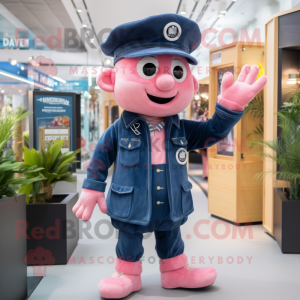 Navy Pink mascot costume character dressed with a Denim Shirt and Berets
