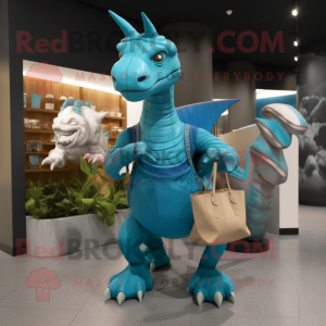 Cyan Parasaurolophus mascot costume character dressed with a Long Sleeve Tee and Handbags