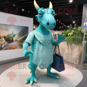Cyan Parasaurolophus mascot costume character dressed with a Long Sleeve Tee and Handbags