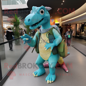 Cyan Parasaurolophus mascot costume character dressed with a Long Sleeve Tee and Handbags