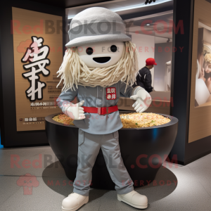 Silver Ramen mascot costume character dressed with a Chinos and Caps