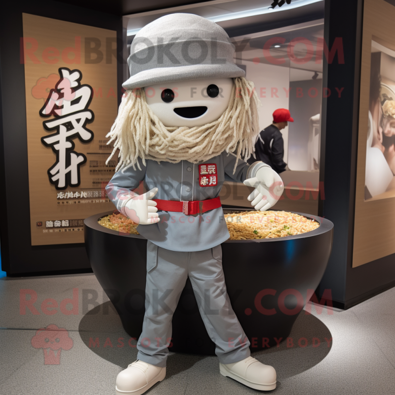 Silver Ramen mascot costume character dressed with a Chinos and Caps Silver Ramen mascot costume character dressed with a Chinos and Caps