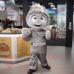 Silver Ramen mascot costume character dressed with a Chinos and Caps