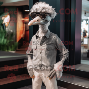 Gray Ostrich mascot costume character dressed with a Chinos and Earrings