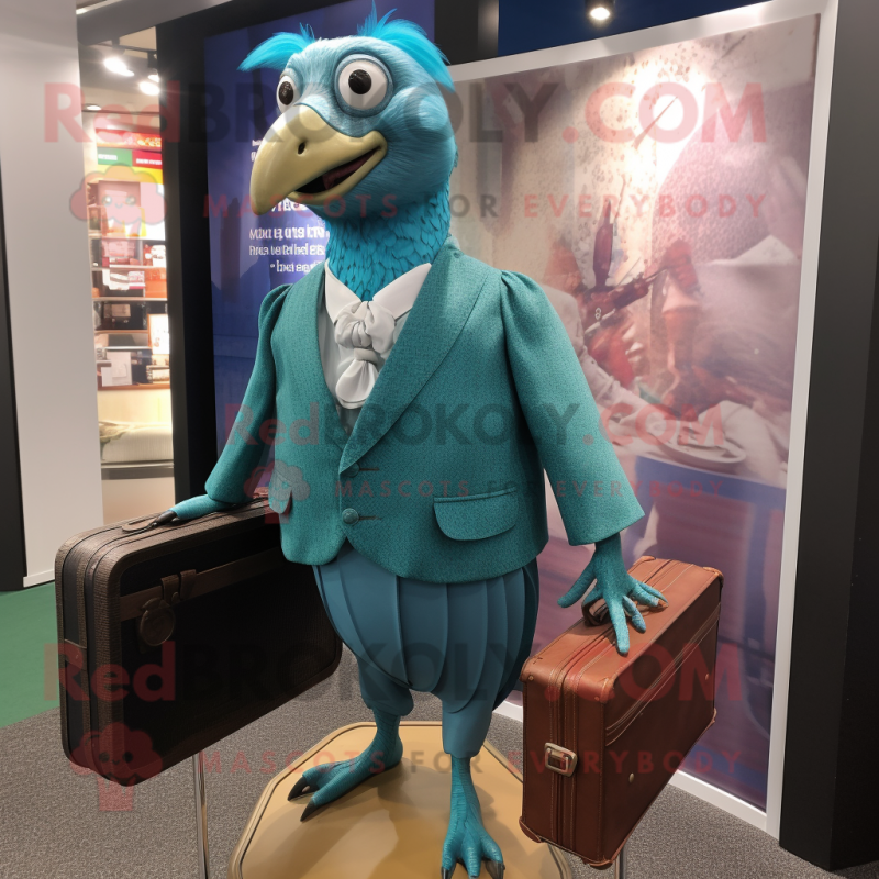 Turquoise Guinea Fowl mascot costume character dressed with a Pencil Skirt and Briefcases