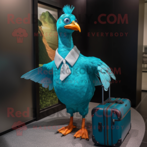 Turquoise Guinea Fowl mascot costume character dressed with a Pencil Skirt and Briefcases