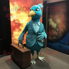 Turquoise Guinea Fowl mascot costume character dressed with a Pencil Skirt and Briefcases