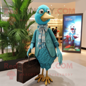 Turquoise Guinea Fowl mascot costume character dressed with a Pencil Skirt and Briefcases