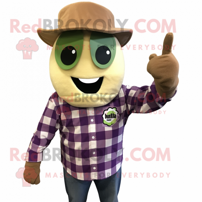 Tan Grape mascot costume character dressed with a Flannel Shirt and Mittens