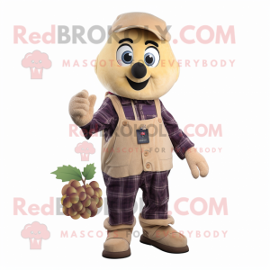 Tan Grape mascot costume character dressed with a Flannel Shirt and Mittens