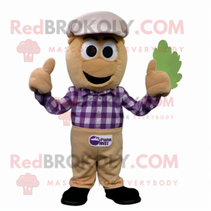 Tan Grape mascot costume character dressed with a Flannel Shirt and Mittens